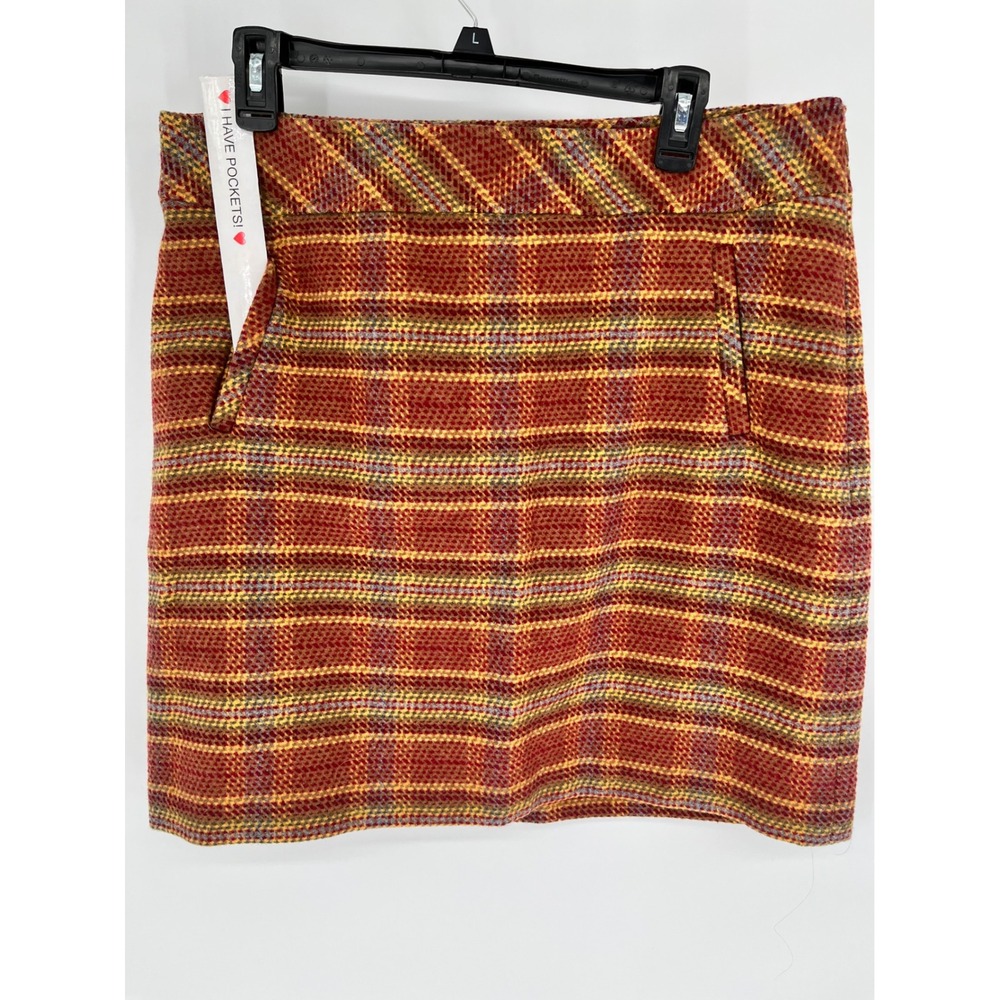 TALBOTS Plaid Pencil Skirt 12P Brown Orange Wool Blend Pockets Lined Autumn Fall